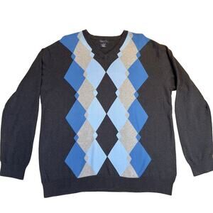 Gant Vintage Made in Hong Kong 100% Cotton Blue Argyle V-Neck Sweater Men's XXL